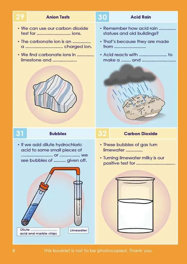 Worksheet page on carbon dioxide tests, acid rain and limewater test with diagrams and fill-in-the-blank prompts
