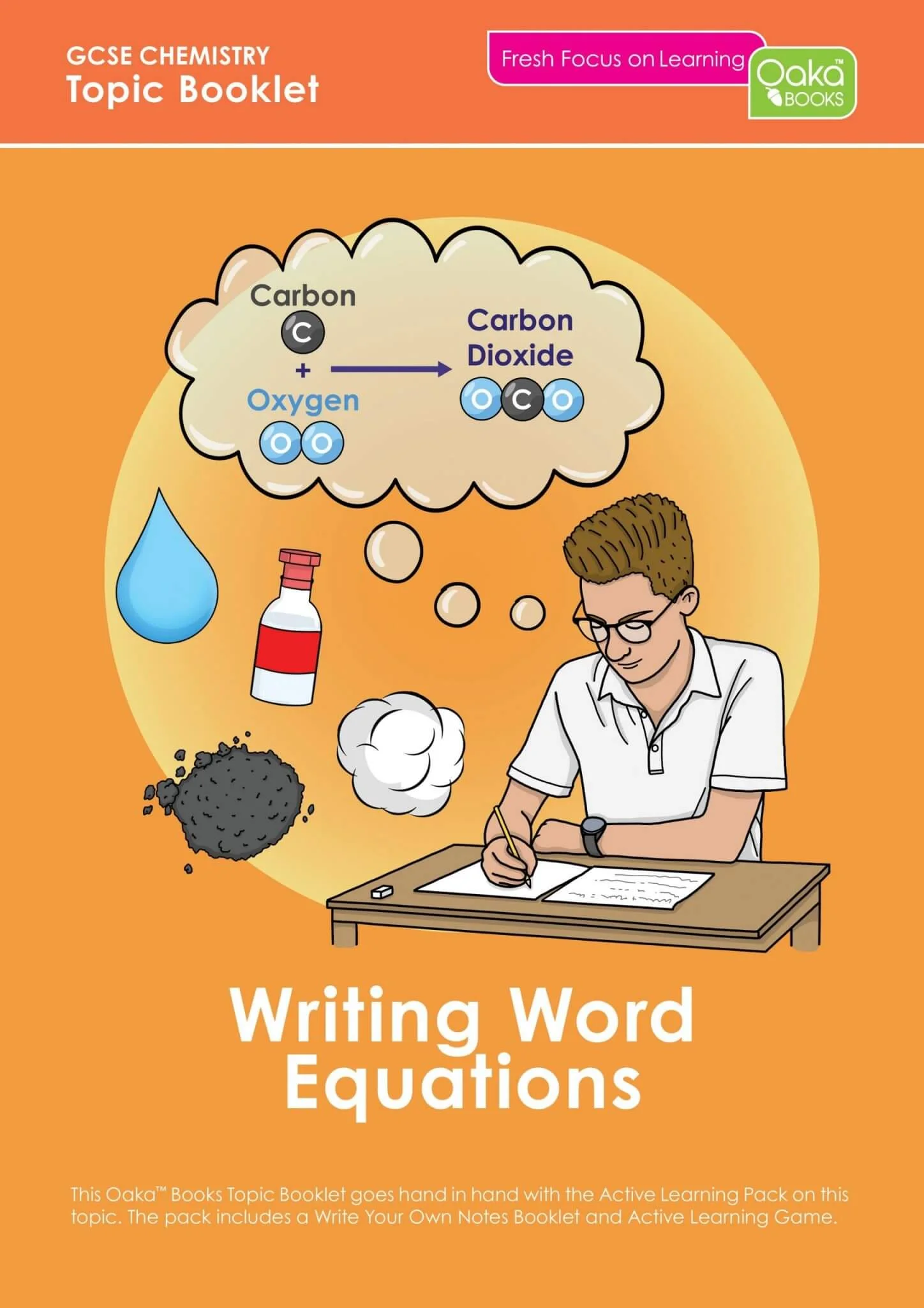 GCSE chemistry topic booklet cover for writing word equations, showing carbon plus oxygen making carbon dioxide