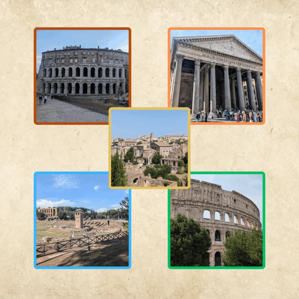 Collage of Roman ruins in Rome, including the Pantheon, the Colosseum and the Theatre of Marcellus