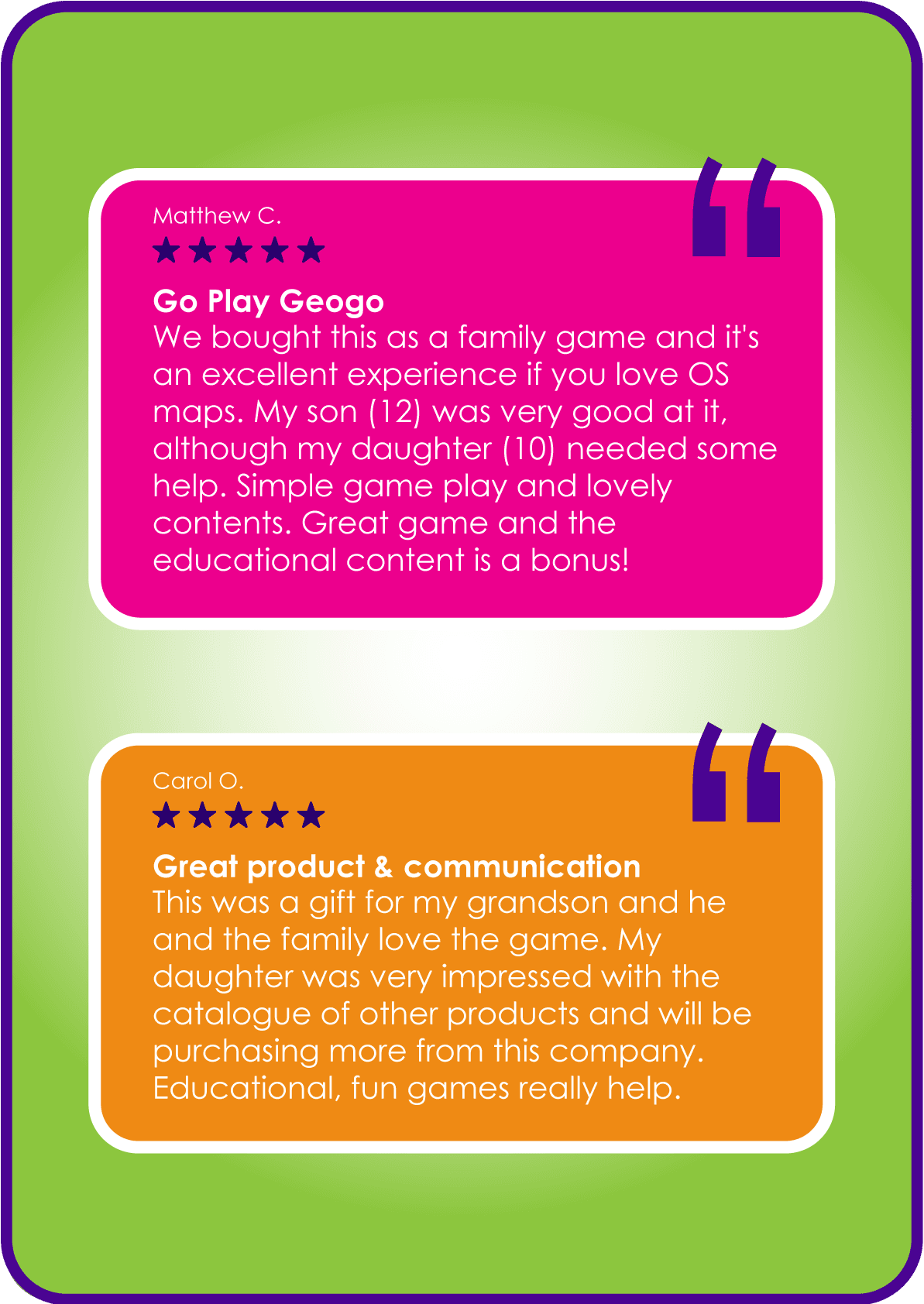 Customer reviews praising Go Play Geogo as a fun educational family game