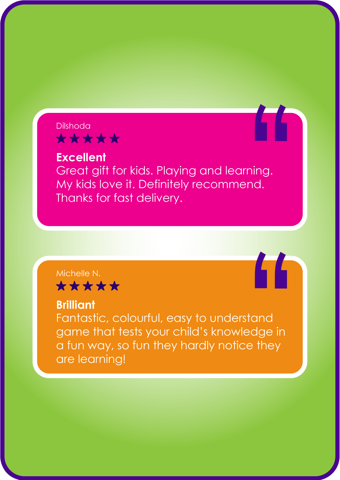 Customer reviews praising a children’s learning game as fun, colourful and easy to understand